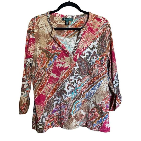Lauren Ralph Lauren Top Womens 1X Multicolor Paisley Boho Print Cotton Blouse - Picture 1 of 8